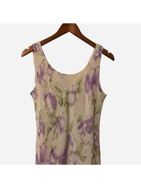 1990s Mary McFadden Purple Watercolor Romantic Floral Bias Cut Midi Dress Sz 12
